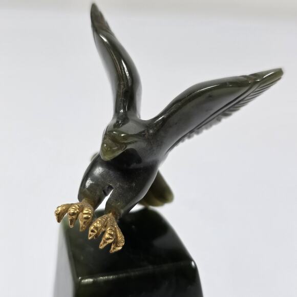 Carved Green Jade Eagle Figure Landing On Base With Gold Talons - Picture 8 of 9